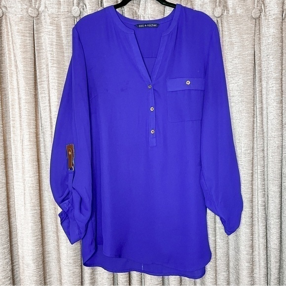 Zac & Rachel Purple Flowy Cuffed Sleeve Tunic Blouse Size Large - Picture 1 of 16
